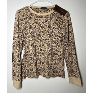 Womens Lauren Ralph Lauren Paisley Floral Boho Long Sleeve Top W/Elbow Patches M